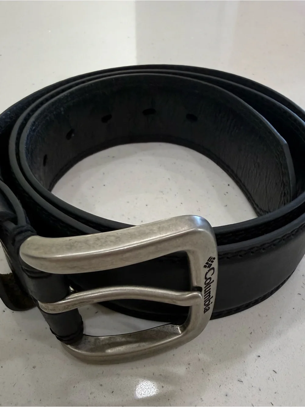 Columbia Men's Black Leather Belt with Brushed Silver Buckle